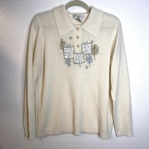Drapers & Damons Ivory Christmas Winter Scene Embroidered Knit Sweater sz large